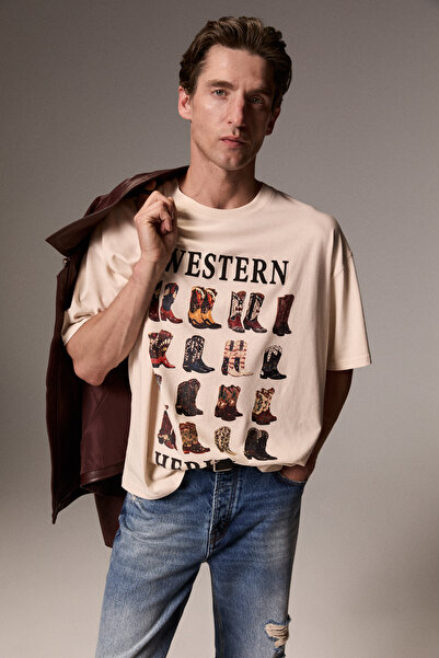 GRIMELANGE Draven Men's Organic Cotton Printed Ecru T-Shirt