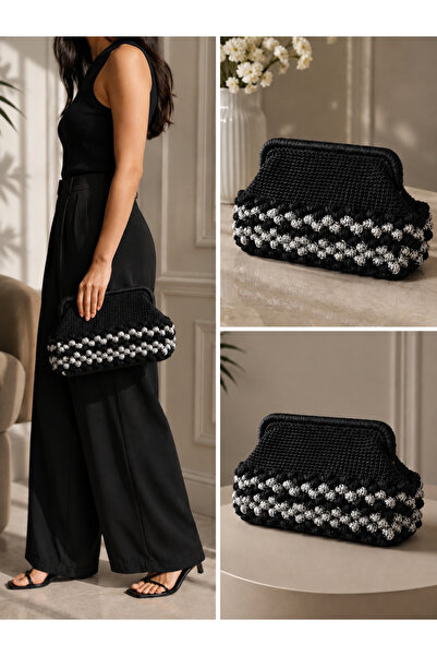 El Örgüsü Kadın Clutch Çanta Siyah Gümüş Detaylı Şık Portföy Çanta