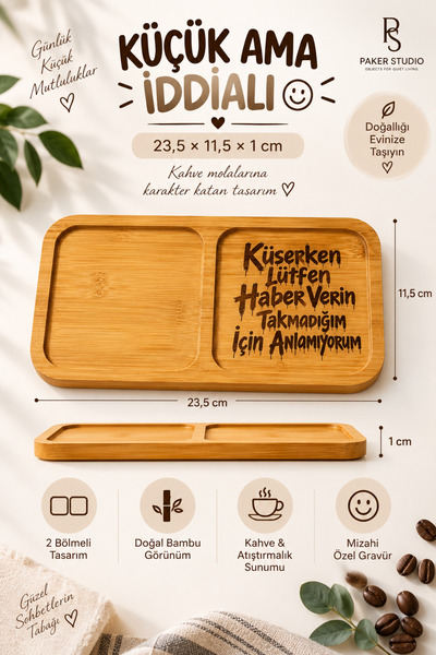 PakerStudio Küserken Please Give Notice Themed 2-Compartment Laser-Engraved Bamboo Coffee Presentation Stand