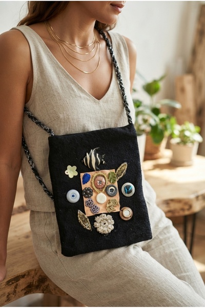 ZGNOVA Handmade Bead Embroidered Crossbody Phone Bag on Fabric