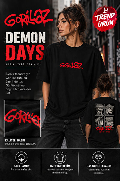 FG KONNİCHİWA Gorillaz Demon Days Printed Black Oversize Unisex T-Shirt – Fro...