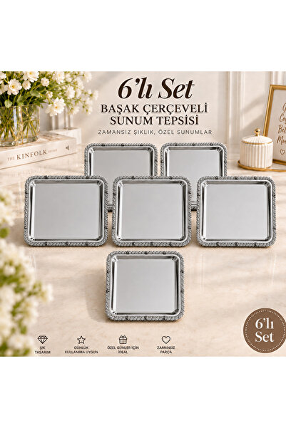 homebulans 6'lı Başak Desenli Tepsi - Gümüş Çerçeveli Paslanmaz Çelik Kahve v...