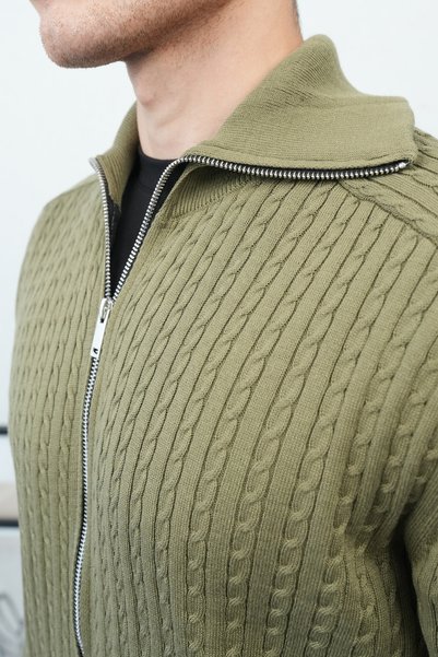 İLKCET MODA Saç Örgü Haki Geniş Yaka Çift Fermuarlı Premium Hırka
