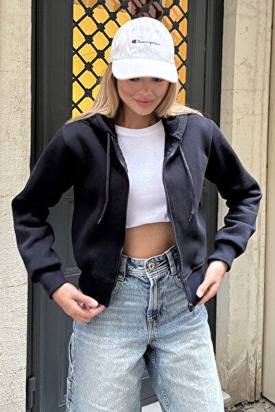 la & vetta Navy Blue Hooded Oversize Crop Sweatshirt