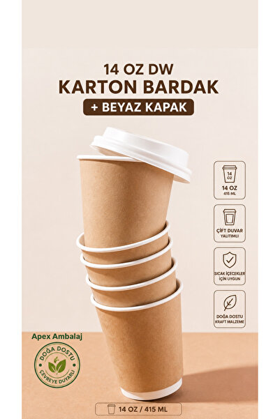 Apex 20 Adet Beyaz Kapaklı 14oz Double Wall Karton Bardak
