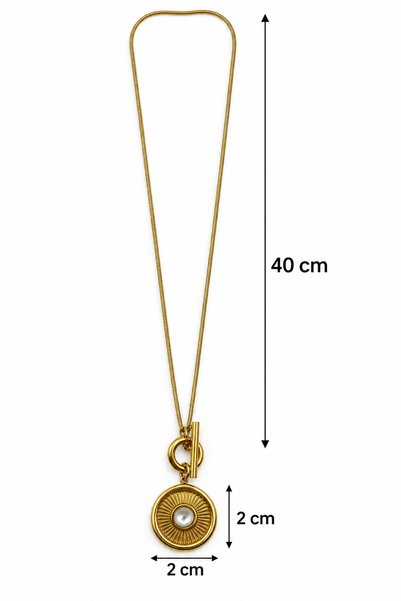Stelle Jewelry Stainless Steel Gold Color Pearl Detailed Sun Medallion Women's Necklace 40 cm