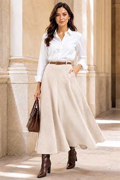 FashionForYou Fustă lungă cu aspect de catifea Sylvette, cu pliuri și curea m...
