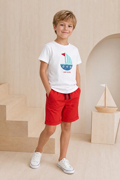 erayalpkids Boy's Red Sailing Printed T-Shirt Shorts Set