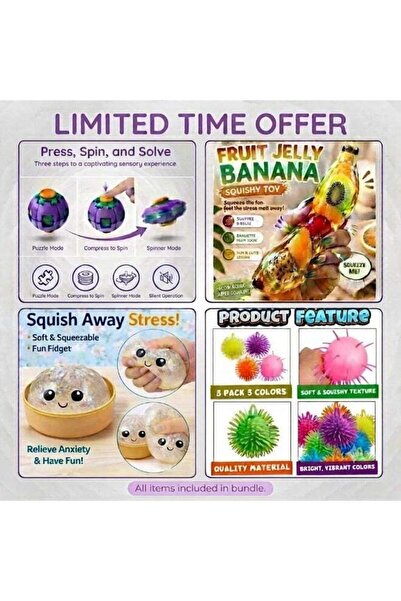 Generic Ultimate 4-Piece Sensory Bundle: 1 Press-to-Spin Ball, 1 Jelly Banana...