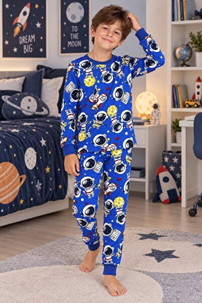 Erkek Çocuk %100 Pamuklu Saks Mavisi Astronot Uzay Desenli Uzun Kollu Kışlık İnterlok Pijama Takımı