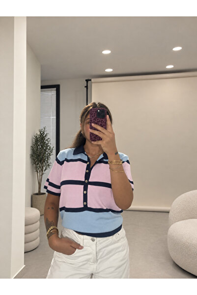 breva wear Çizgili Polo Yaka Pembe Triko Bluz