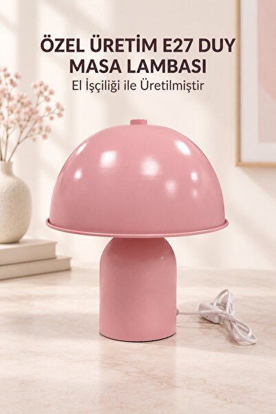 Edison Özel Üretim Pembe Metal Mantar Model Masa Lambası E27 Duylu Kablolu De...