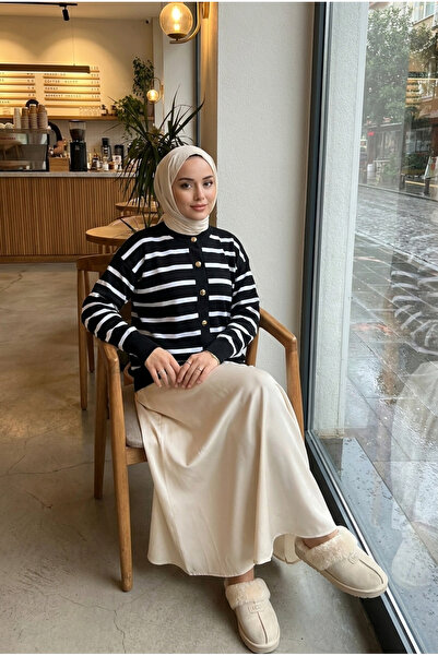 Kirazca Butik Women's Mila Striped Mercerized Cardigan with Gold Button Detail