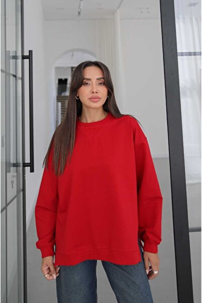 Havoş Κόκκινο φούτερ oversize με σχισμές στα πλαϊνά