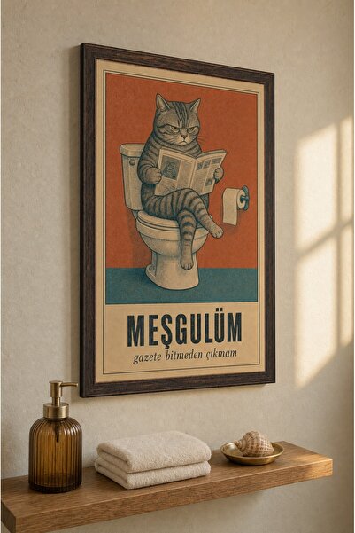 ZURİ DESİGN Banyo Tablosu Çerçeve Görünümlü MDF Duvar Tablosu Mizahi Kedi Köpek Retro Afiş Koleksiyonu