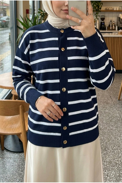 Kirazca Butik Women's Mila Striped Mercerized Cardigan with Gold Button Detail