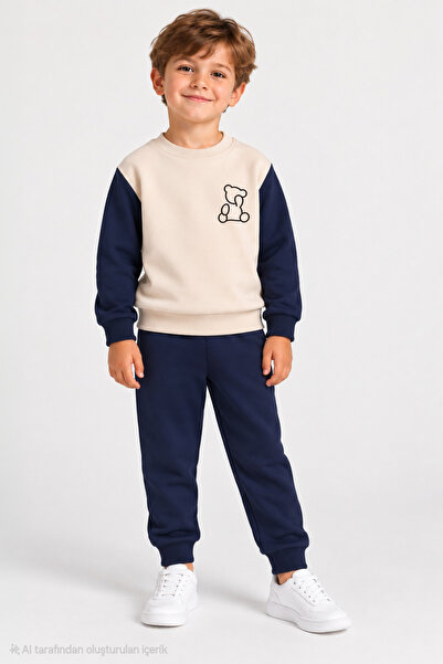 bebekpare Boy's Top and Bottom Set Bear Navy Blue Seasonal 100% Cotton