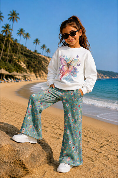 MASİON VESSAİRE Girl's Three-Thread Ruffled White Sweatshirt & Floral Pattern...