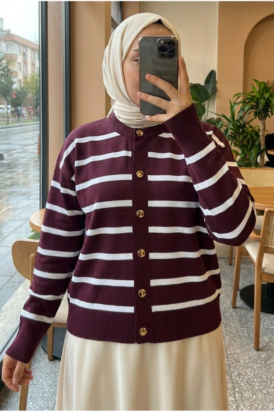 Kirazca Butik Women's Mila Striped Mercerized Cardigan with Gold Button Detail