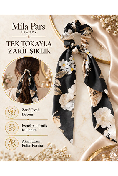 Beauty Premium Saten Fularlı Saç Tokası Gece Siyahı Çiçekli – Uzun Kuyruklu Scrunchie