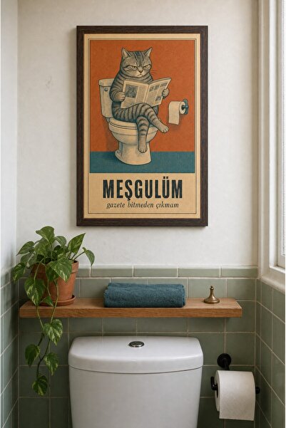ZURİ DESİGN Banyo Tablosu Çerçeve Görünümlü MDF Duvar Tablosu Mizahi Kedi Köpek Retro Afiş Koleksiyonu