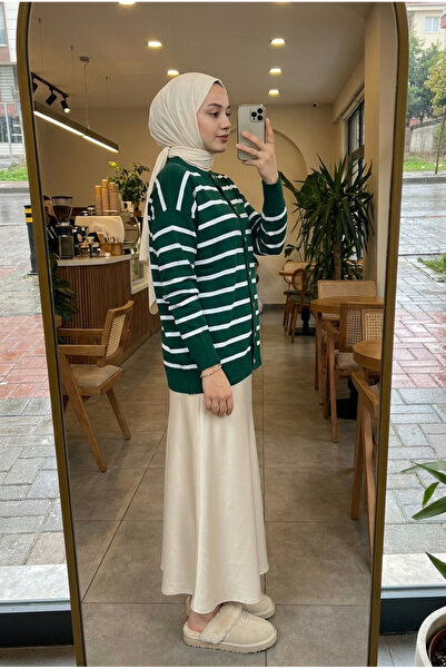 Kirazca Butik Women's Mila Striped Mercerized Cardigan with Gold Button Detail
