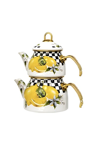 viracasa Emaye Çaydanlık Takımı 1,5 L Limon Model Altın Kulplu 2 Parça İndüks...