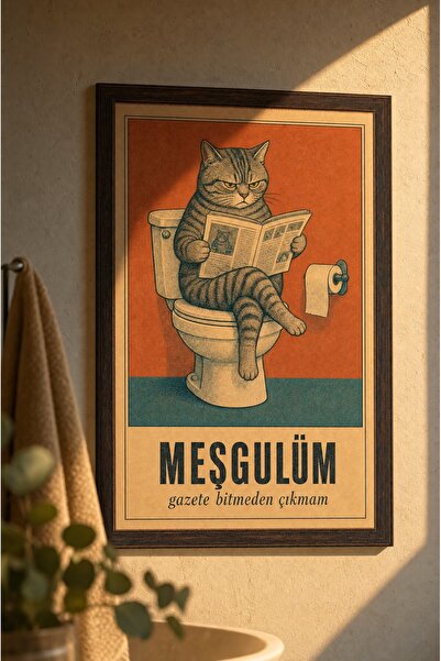 ZURİ DESİGN Banyo Tablosu Çerçeve Görünümlü MDF Duvar Tablosu Mizahi Kedi Köpek Retro Afiş Koleksiyonu