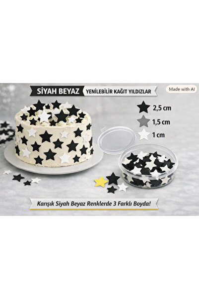 hediyehobihersey Taraftar Siyah Beyaz Yıldız Pasta Süsü, Pasta Süsü Yıldız, Yenilebilir Yıldızlar