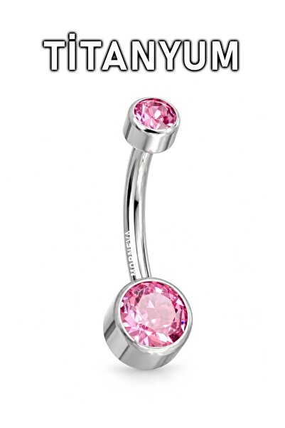 MORNEVA Titanyum Minimal Pembe Kristal Taşlı Göbek Belly Piercingi (1 Adet)