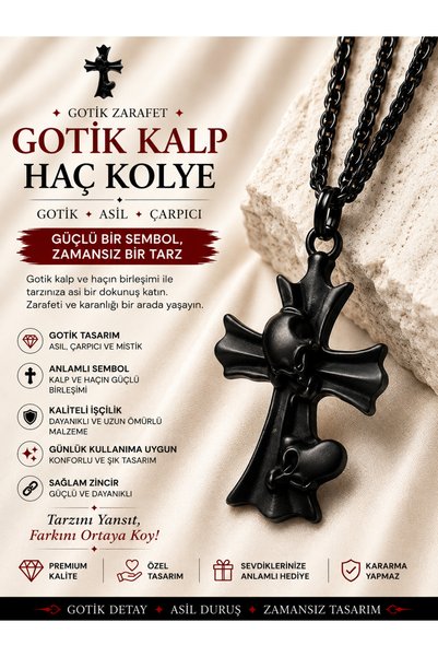 FG KONNİCHİWA Gotik Haç Kolye – Siyah, Antik Gümüş ve Kırmızı Taş Detaylı Far...