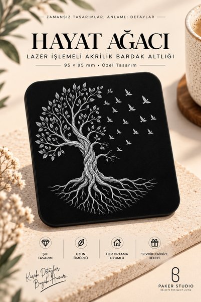 PakerStudio قاعدة أكواب من الأكريليك مزخرفة بالليزر بتصميم شجرة الحياة (قاعدة...