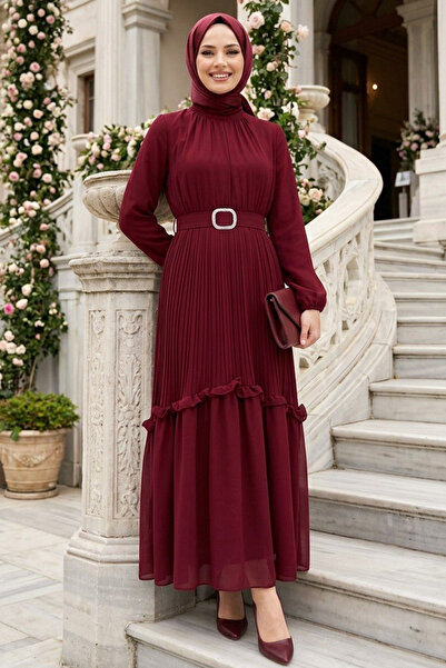 N.S NEVA STYLE فستان توبلاك بحزام ومشبك باللون العنابي 24683BR