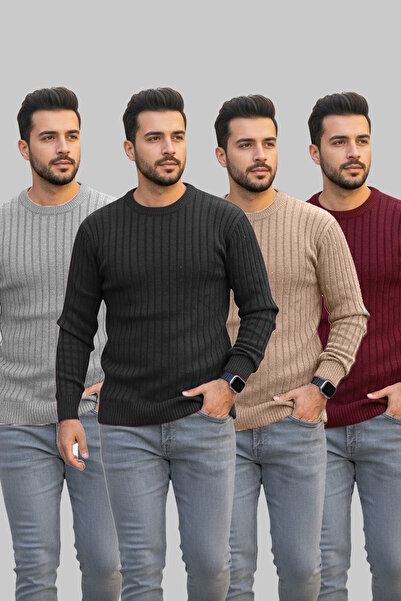 Zimsah 4 قطع من البلوزات الرجالية ذات القصة الضيقة برقبة دائرية (أسود)، (رماد...