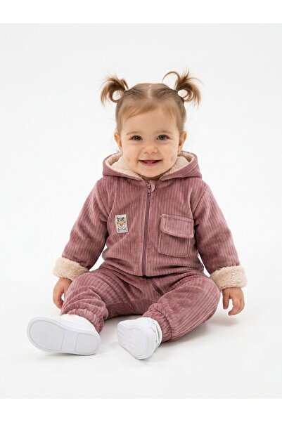 Kids Kingdom Kadife Kapüşonlu Unisex Bebek Tulum Pembe