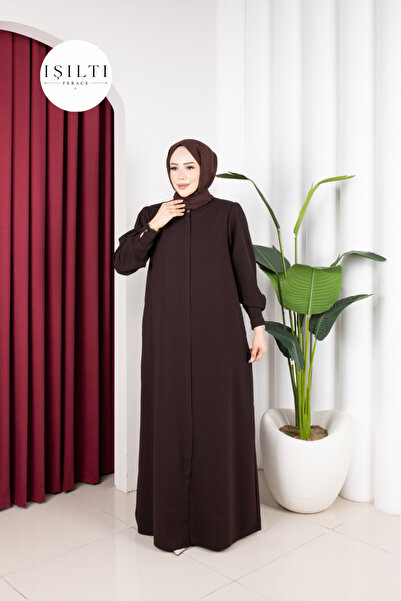 Işıltı Ferace Honeycomb Fabric Button Detail Simple Rabia Ferace