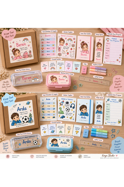 NoyaStudio Noya Studio Kişiye Özel Kapsamlı Okul Seti – İsim Etiketi, Defter, Kalem Kutusu, Beslenme Kutusu Etiketi, Sticker ve Kırtasiye Seti