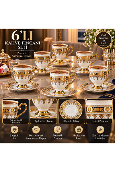 PANORAMA 6’lı Ayaklı Porselen Kahve Fincanı Takımı – Siyah Gold Desenli 6 Kiş...