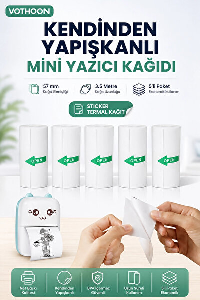 Kendinden Yapışkanlı Çocuk Kamera Baskı Kağıdı, 5’li Rulo 57x25mm Baskı Termal Kağıt Rulo