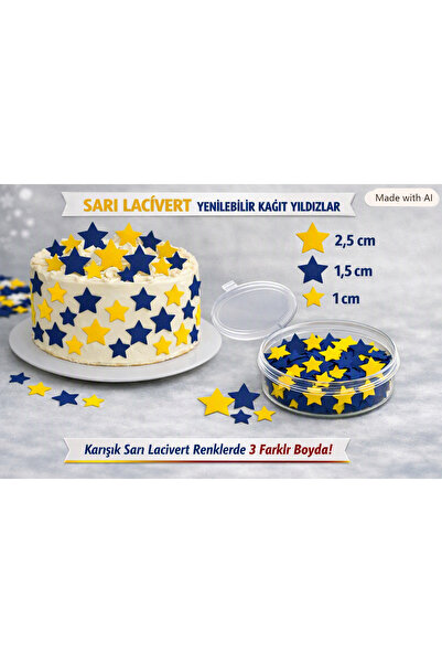 hediyehobihersey Taraftar Sarı Lacivert Yıldız Pasta Süsü, Pasta Süsü Yıldız, Yenilebilir Yıldızlar