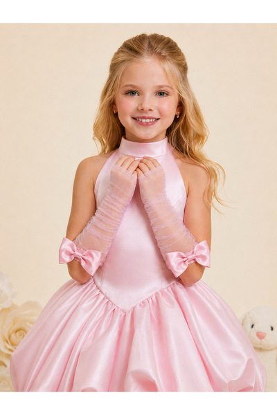 NAGİHANBİLGİN Girl's Bow Detailed Dreamy Tulle Fingerless Gloves Nbk-26324