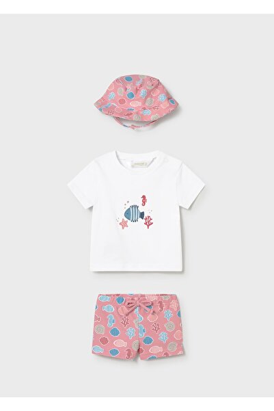 MAYORAL Newborn Baby Boy Uv Protected Swimsuit and T-Shirt Hat Set Pink