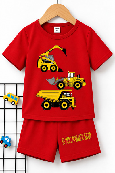beeton Excavator Baskılı Çocuk Kırmızı Şort T-Shirt - Takım - Çocuk Yazlık Sı...