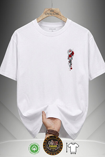 Unisex Oversize Minimal Yin Yang ve Kırmızı Gül Baskılı Beyaz T-shirt %100 Pamuk Bisiklet Yaka Göğüs Baskı Tişört