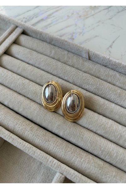 Altın Gümüş Renk Oval Küpe