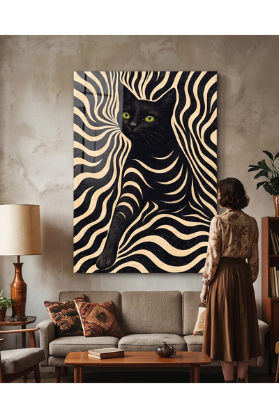 Siyah Kedi Black Cat Wave Pleksi Tablo – Modern Ev ve Ofis Duvar Dekoru