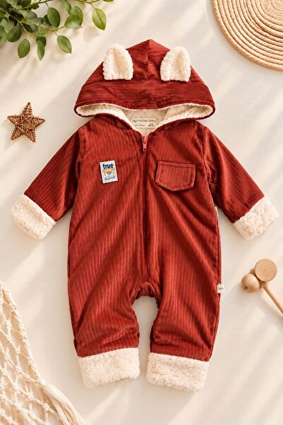 dinamik çocuk Baby romper with bear ears, welsoft lined, hooded, zippered, wi...