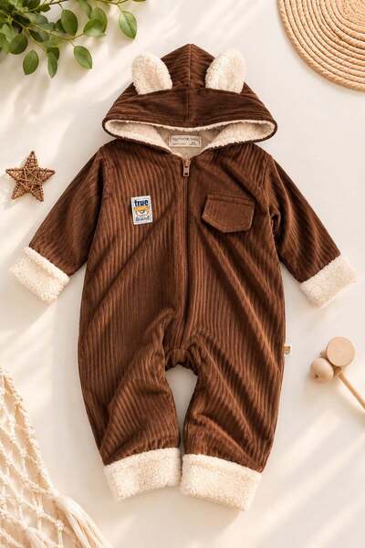 dinamik çocuk Baby Jumpsuit with Teddy Bear Ears, Welsoft Lining, Hooded, Zip...