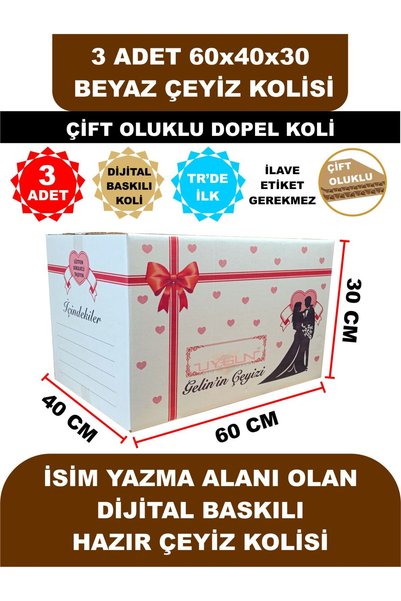 Uygun Kutu ve Ambalaj 3 Adet 60x40x30 Gelin Damat Baskılı Beyaz Çeyiz Kolisi,...