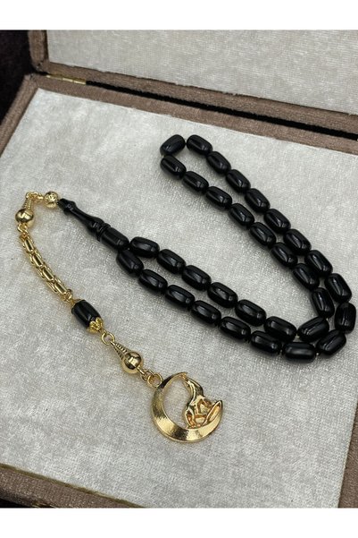 Onurlu Tesbihane Gold Renkli Bozkurt Uçlu Siyah Sıkma Kehribar Tesbih (10x7 mm)